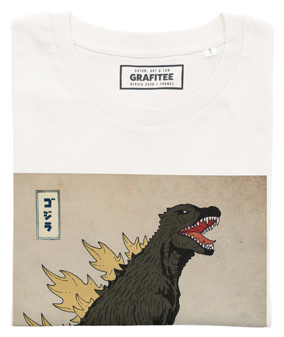 T-shirt Godzilla Vague Hokusai blanc cassé plié